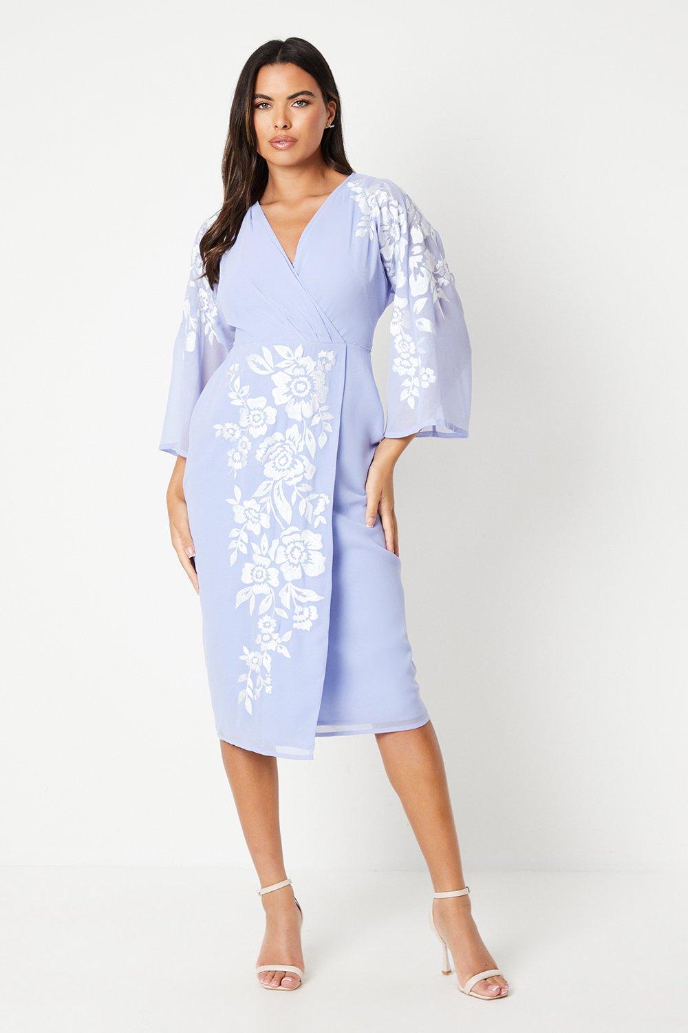 Floral Embroidered Kimono Sleeve Wrap Dress - Cornflower Blue
